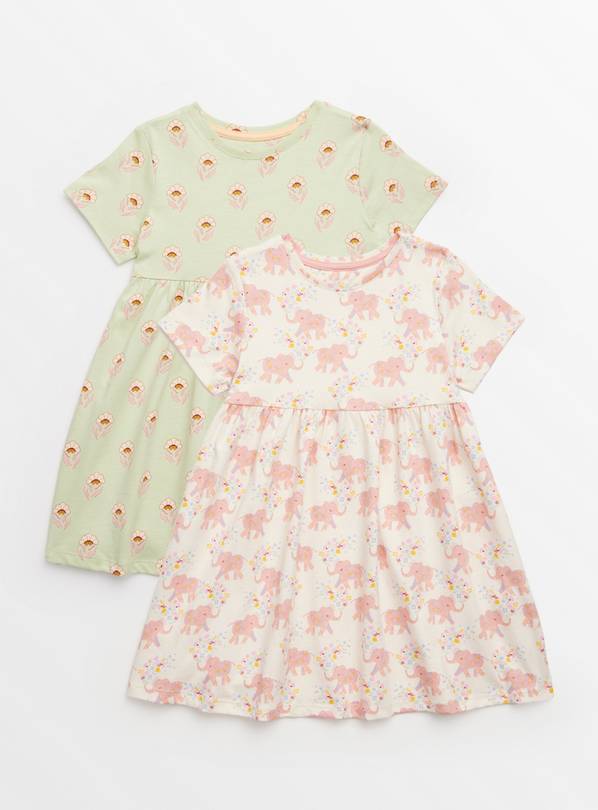 Elephant Print Short Sleeve Jersey Dresses 2 Pack 1-2 years